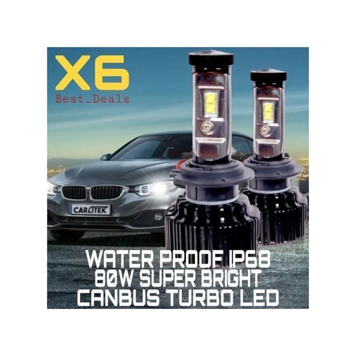 X6 2 pcs Turbo LED X6 H7 80W Canbus 7200LM 6000K pour Voiture et moto h7  Sel à prix pas cher