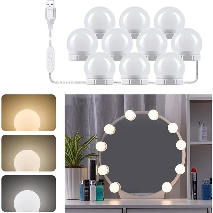 LED Miroir Coiffeuse 10 Ampoules, Lumière 3 Couleurs et 10 Intensités,  Adaptateur et Interrupteur, USB Câble