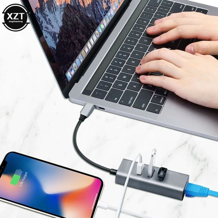 Adaptateur USB Type-C vers Ethernet LAN RJ45 1000Mbps Carte Réseau Filaire  3 Ports USB3.0