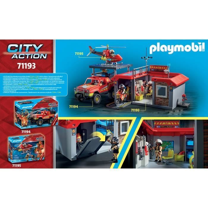 PLAYMOBIL - Caserne de pompiers transportable - City Action - Avec moto et  hélicoptère